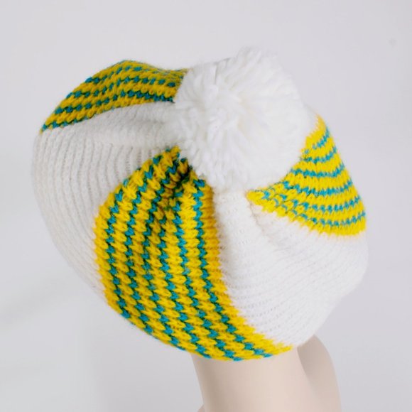 Vintage 1960s Stripe Knit Jaunty Beret Winter Hat 60s 70s Puff Ski Crochet Mod - Picture 5 of 5